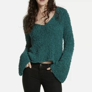 FREE PEOPLE Green Sand Dune Bell Sleeve Cotton Blend V-neck Sweater L